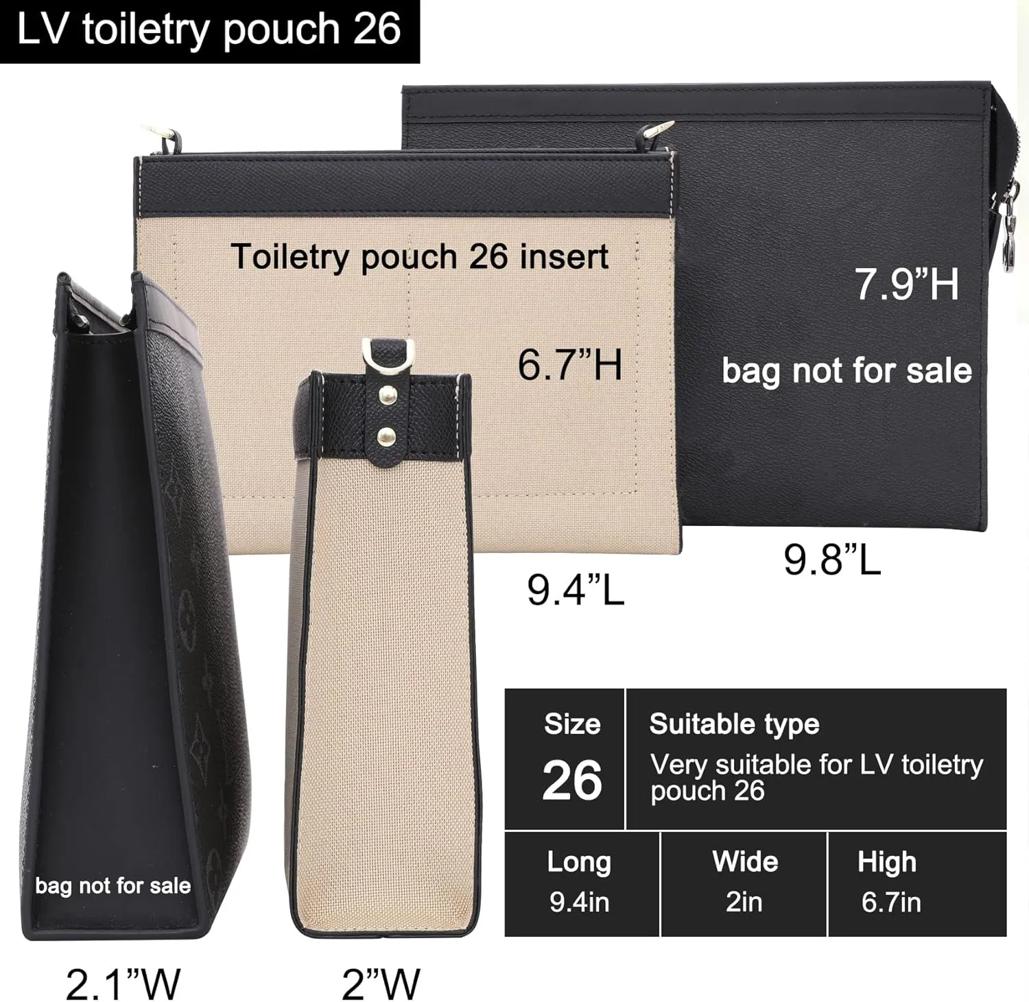 Premium Leather Purse Insert Organizer Compatible with LV Toiletry Pouch 19/26 with Gold Buckles