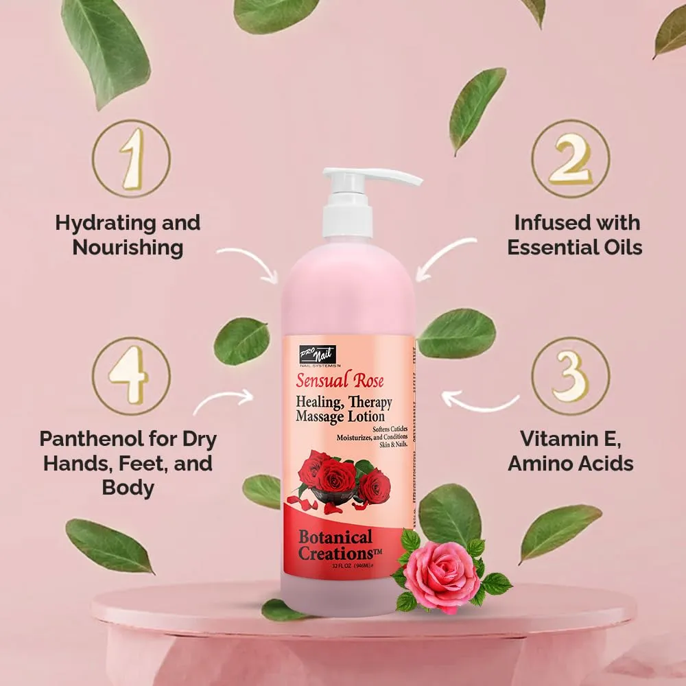 PRO NAIL - Healing Therapy Massage Lotion - Professional Pedicure, Body and Hot Oil Manicure, Infused with Natural Oils, Vitamins, Panthenol and Amino Acids (Sensual Rose, 32 Oz)
