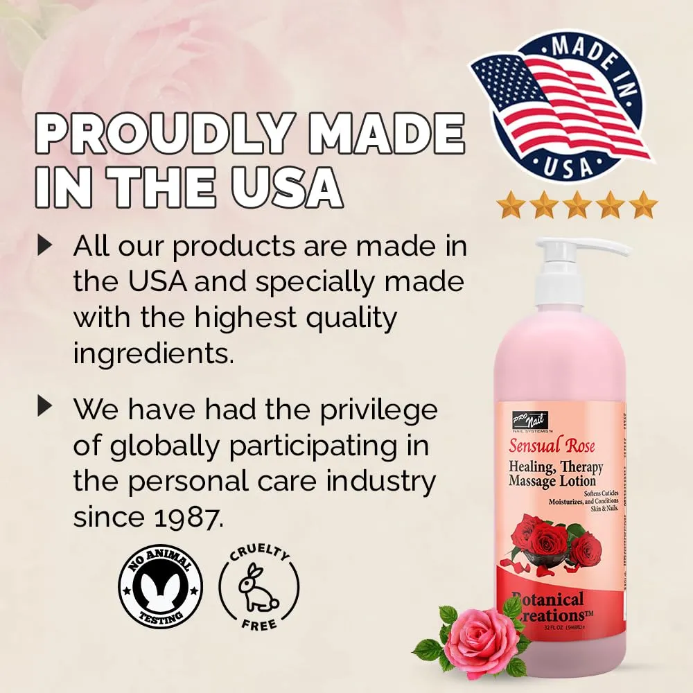 PRO NAIL - Healing Therapy Massage Lotion - Professional Pedicure, Body and Hot Oil Manicure, Infused with Natural Oils, Vitamins, Panthenol and Amino Acids (Sensual Rose, 32 Oz)