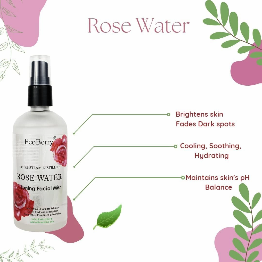 Pure Steam Distilled Rose Water Toning Facial Mist for Calming & Soothing Skin, Hydration, Light Moisturizer, Aging, Suits All Skin Types Preservative Free & Natural, Vegan