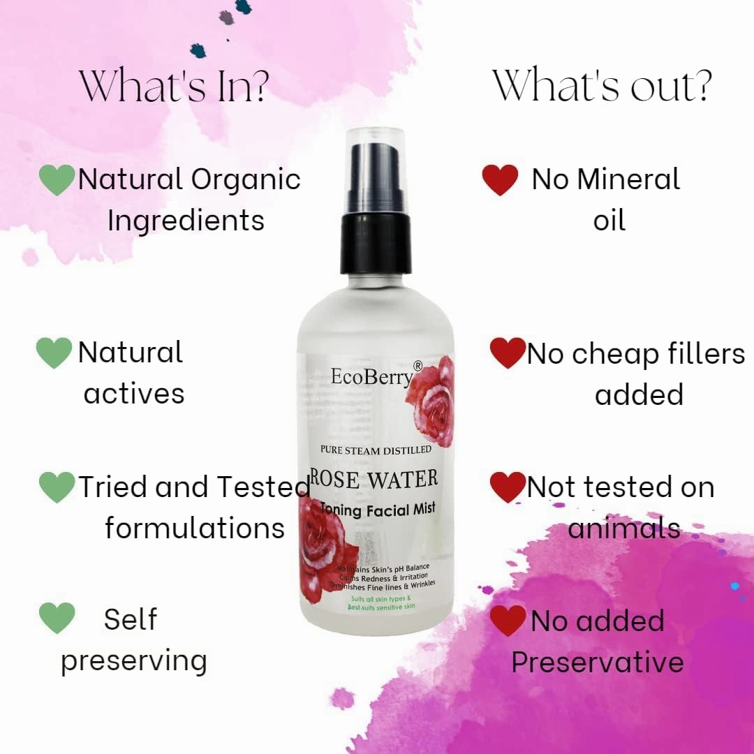 Pure Steam Distilled Rose Water Toning Facial Mist for Calming & Soothing Skin, Hydration, Light Moisturizer, Aging, Suits All Skin Types Preservative Free & Natural, Vegan