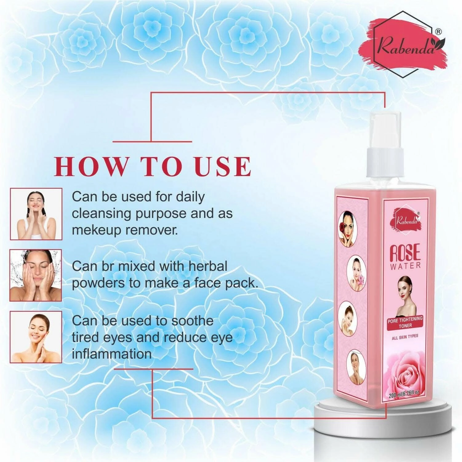 Rabenda Rose Water, Helps in Skin toning, For Men and Women, Gulab Jal, Chemical Free - 200ML (Pack of 2)