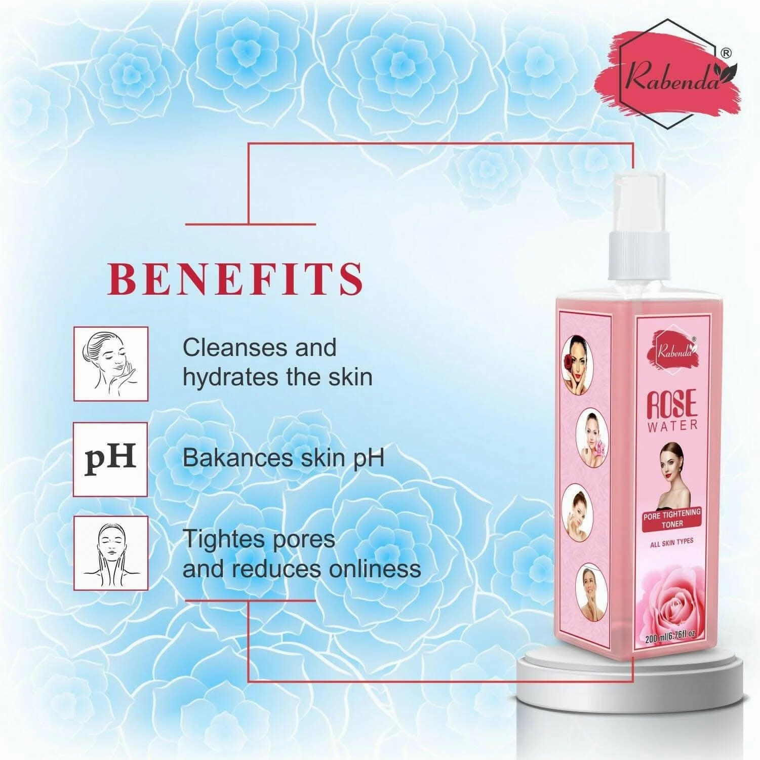 Rabenda Rose Water, Helps in Skin toning, For Men and Women, Gulab Jal, Chemical Free - 200ML (Pack of 2)