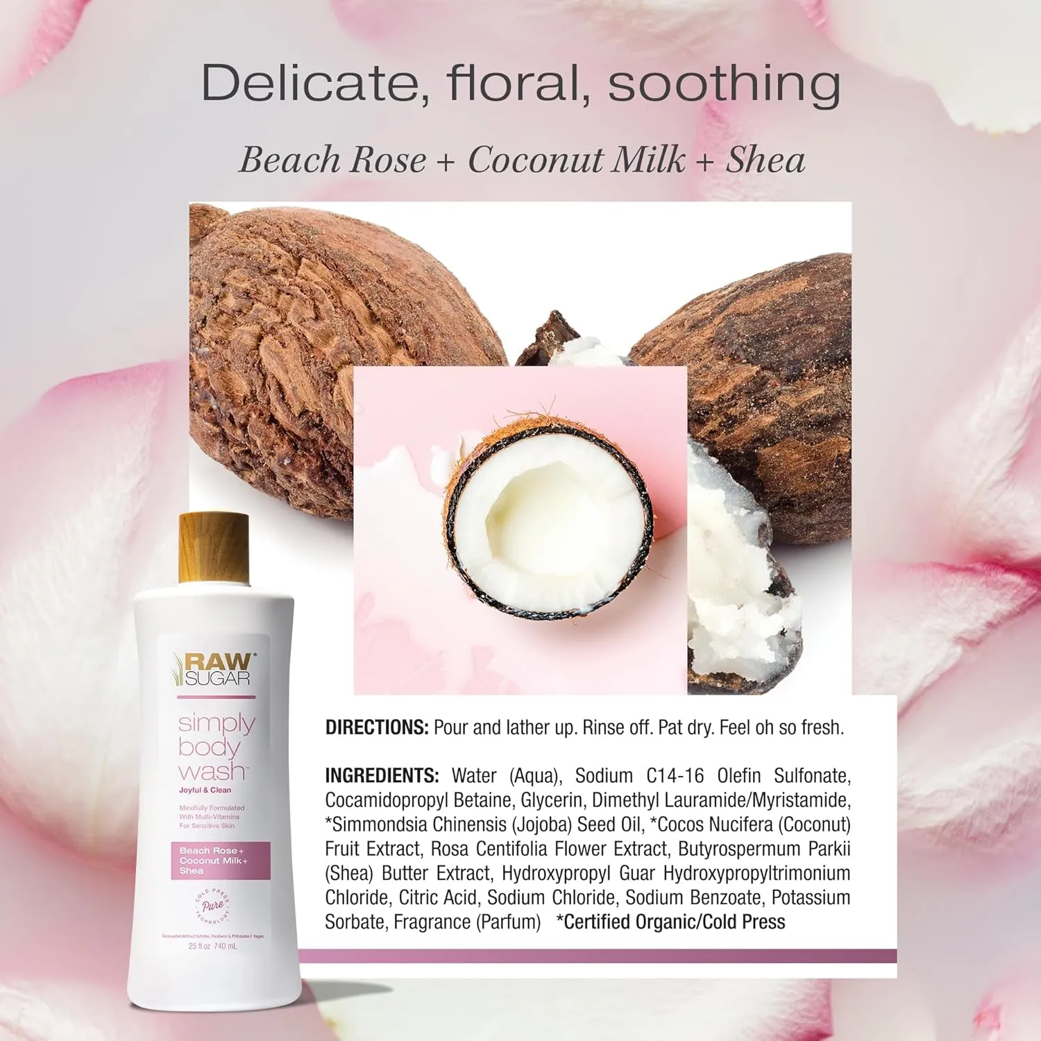 RAW SUGAR Simply Body Wash, Beach Rose   Coconut Milk   Shea (25 Fl Oz, Pack of 3) Sensitive Skin Bath Soap, Formulated without Sulfates & Parabens…