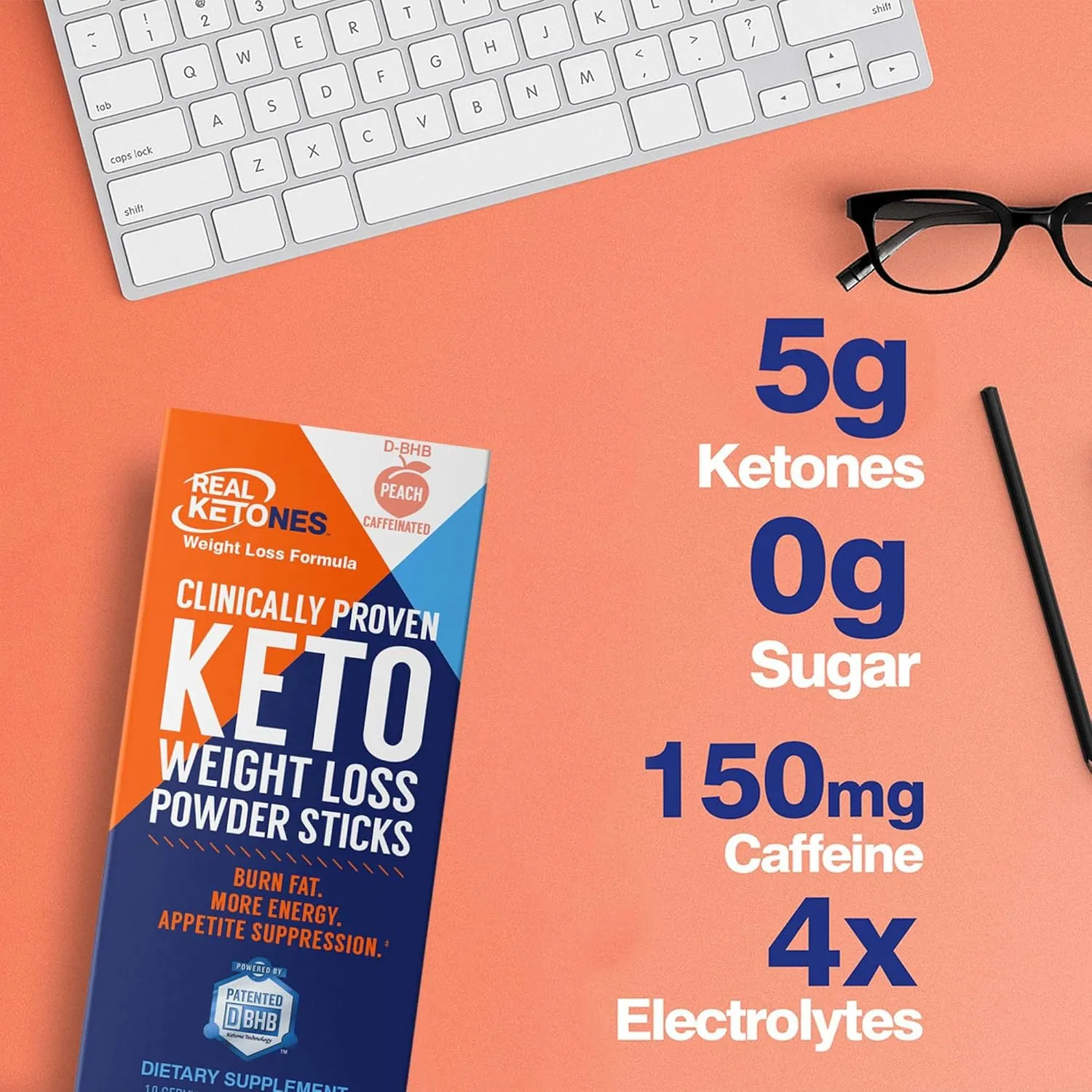 Real Ketones BHB Exogenous Ketones Drink Mix Packets Keto Electrolytes Powder Packets No Sugar with 4 Main Fasting Electrolytes Plus Hydrating Patented Keto BHB - 30 Count Peach Caffeine