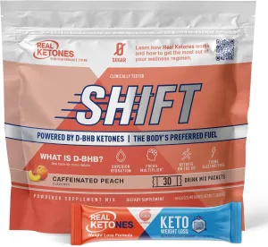 Real Ketones BHB Exogenous Ketones Drink Mix Packets Keto Electrolytes Powder Packets No Sugar with 4 Main Fasting Electrolytes Plus Hydrating Patented Keto BHB - 30 Count Peach Caffeine