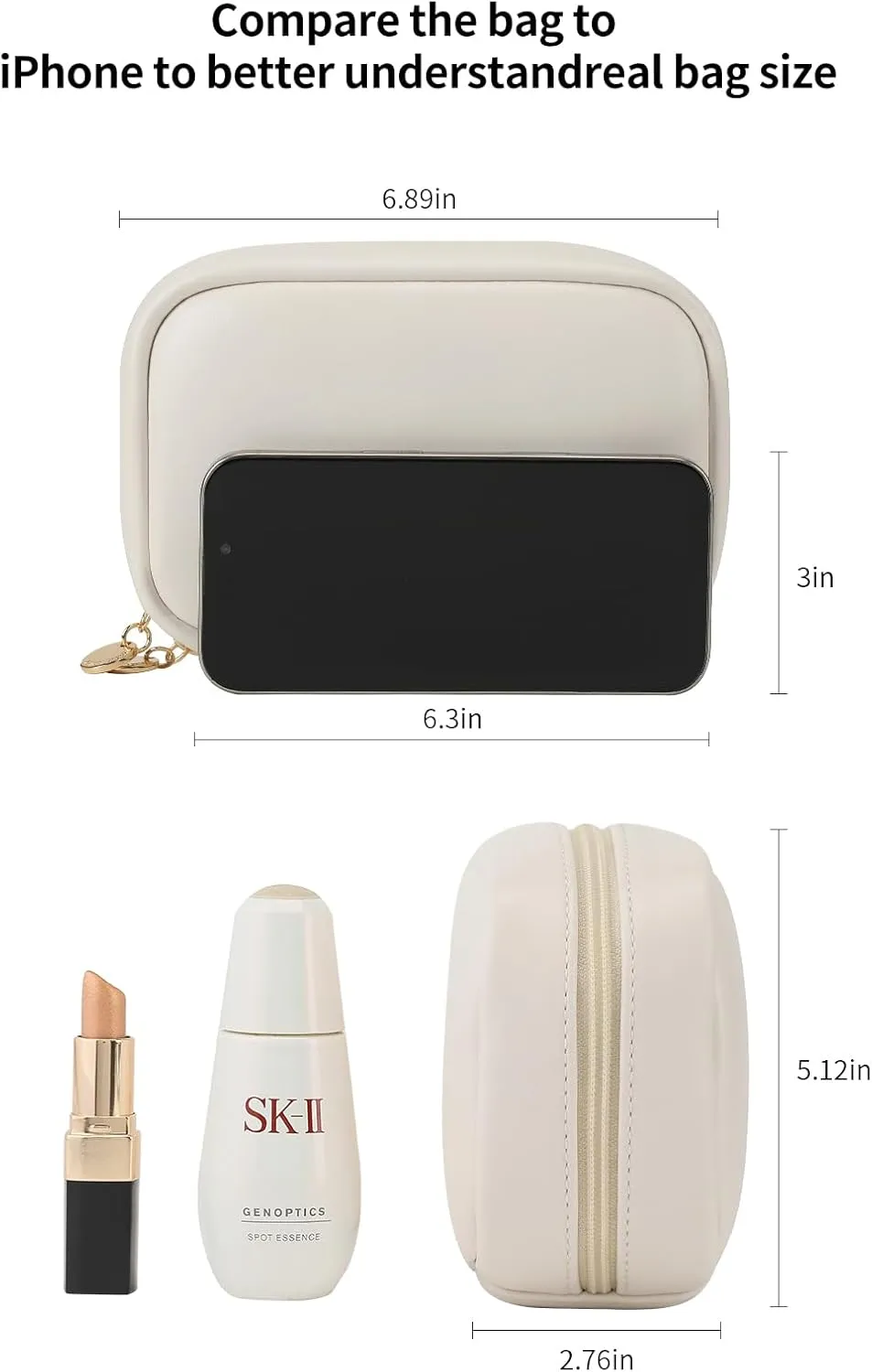 RIGHT AWAY Small Makeup Bag, Cute Cosmetic & Multifunctional Storage Organizer, Mini Travel Toiletry Bag with Gold Zipper, Leather Waterproof Case for Women（White）
