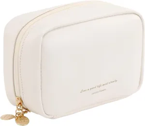 RIGHT AWAY Small Makeup Bag, Cute Cosmetic & Multifunctional Storage Organizer, Mini Travel Toiletry Bag with Gold Zipper, Leather Waterproof Case for Women（White）