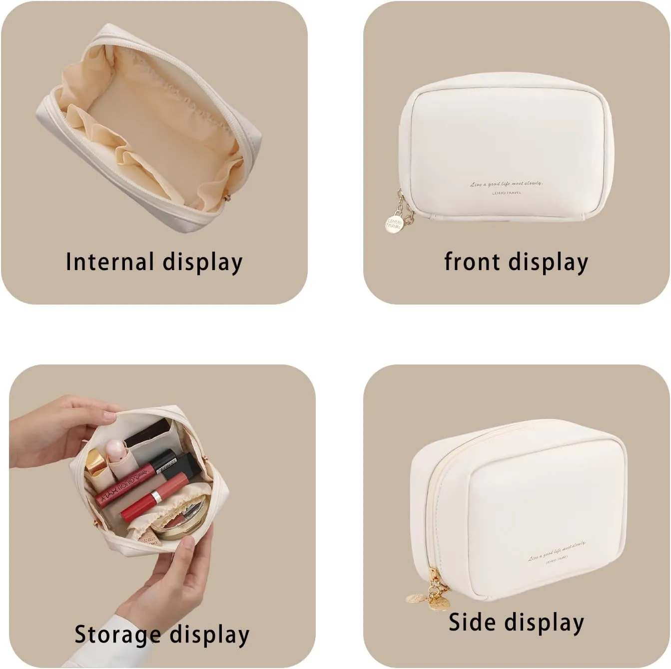 RIGHT AWAY Small Makeup Bag, Cute Cosmetic & Multifunctional Storage Organizer, Mini Travel Toiletry Bag with Gold Zipper, Leather Waterproof Case for Women（White）