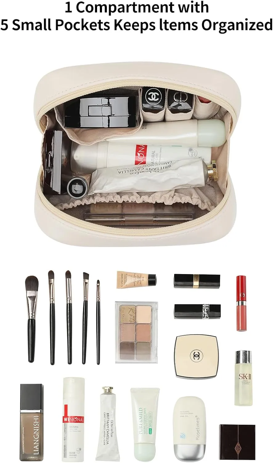 RIGHT AWAY Small Makeup Bag, Cute Cosmetic & Multifunctional Storage Organizer, Mini Travel Toiletry Bag with Gold Zipper, Leather Waterproof Case for Women（White）