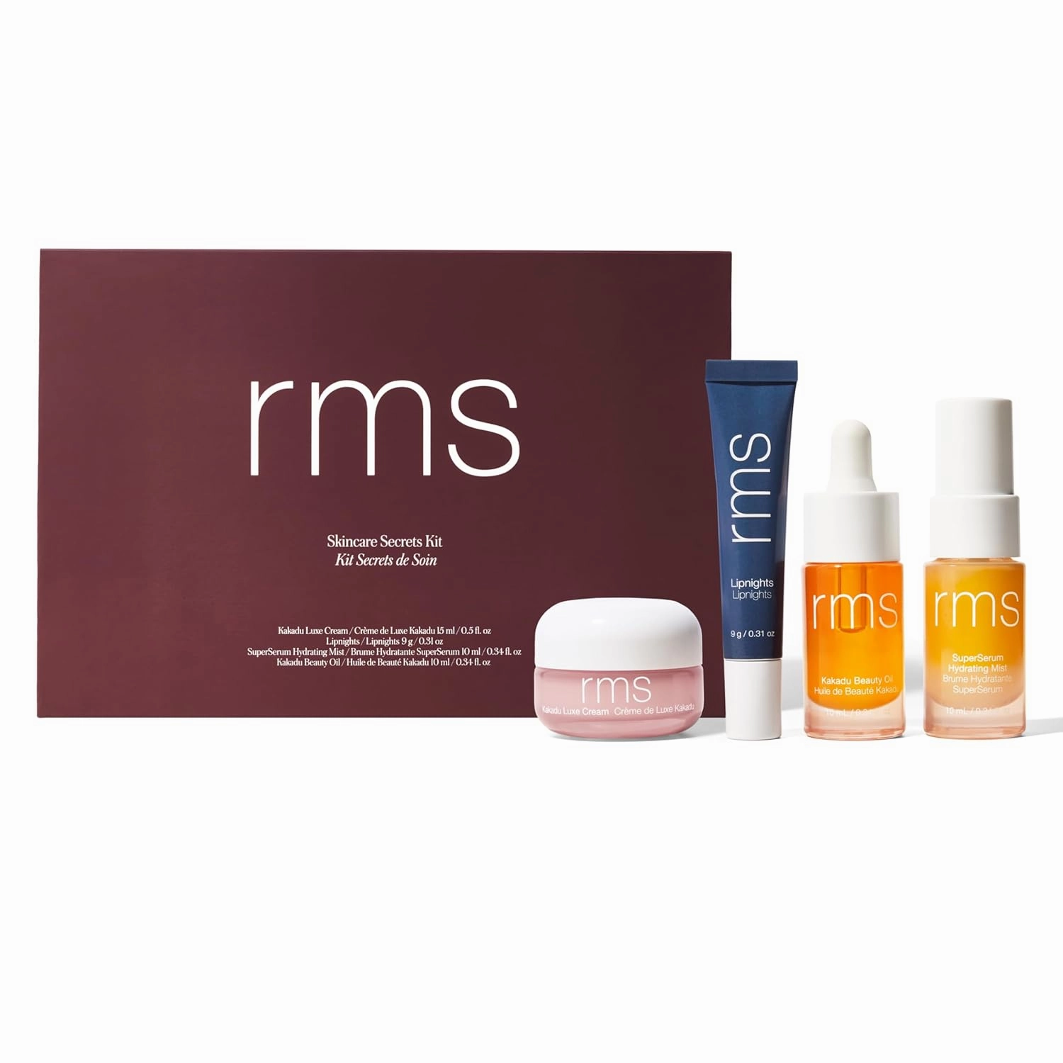RMS Beauty Skincare Secrets Kit - Skin Care Set Kakadu Beauty Oil, Kakadu Luxe Cream, SuperSerum Hydrating Mist & Lipnights Lip Mask, Beauty Present Sets