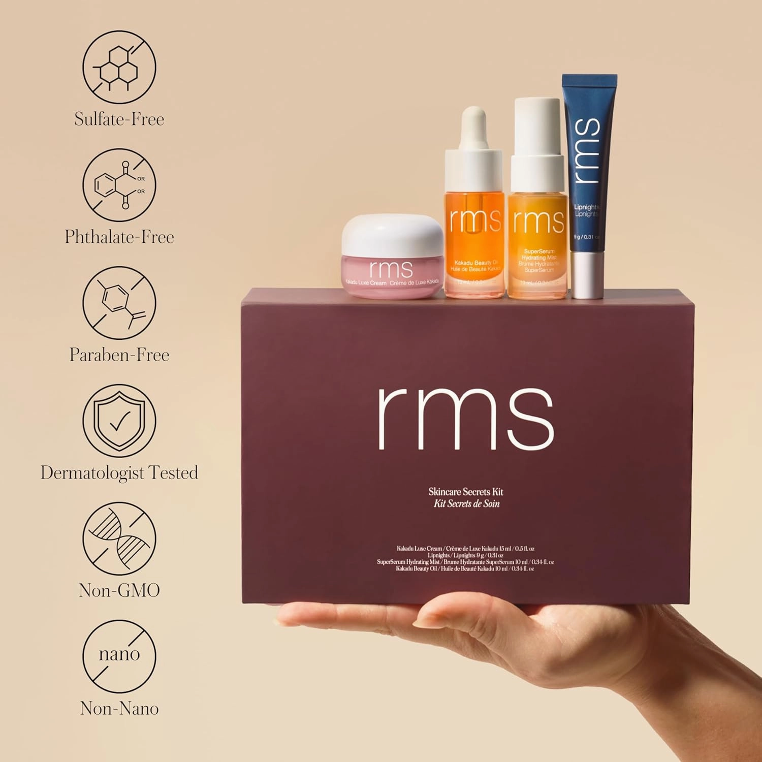 RMS Beauty Skincare Secrets Kit - Skin Care Set Kakadu Beauty Oil, Kakadu Luxe Cream, SuperSerum Hydrating Mist & Lipnights Lip Mask, Beauty Present Sets