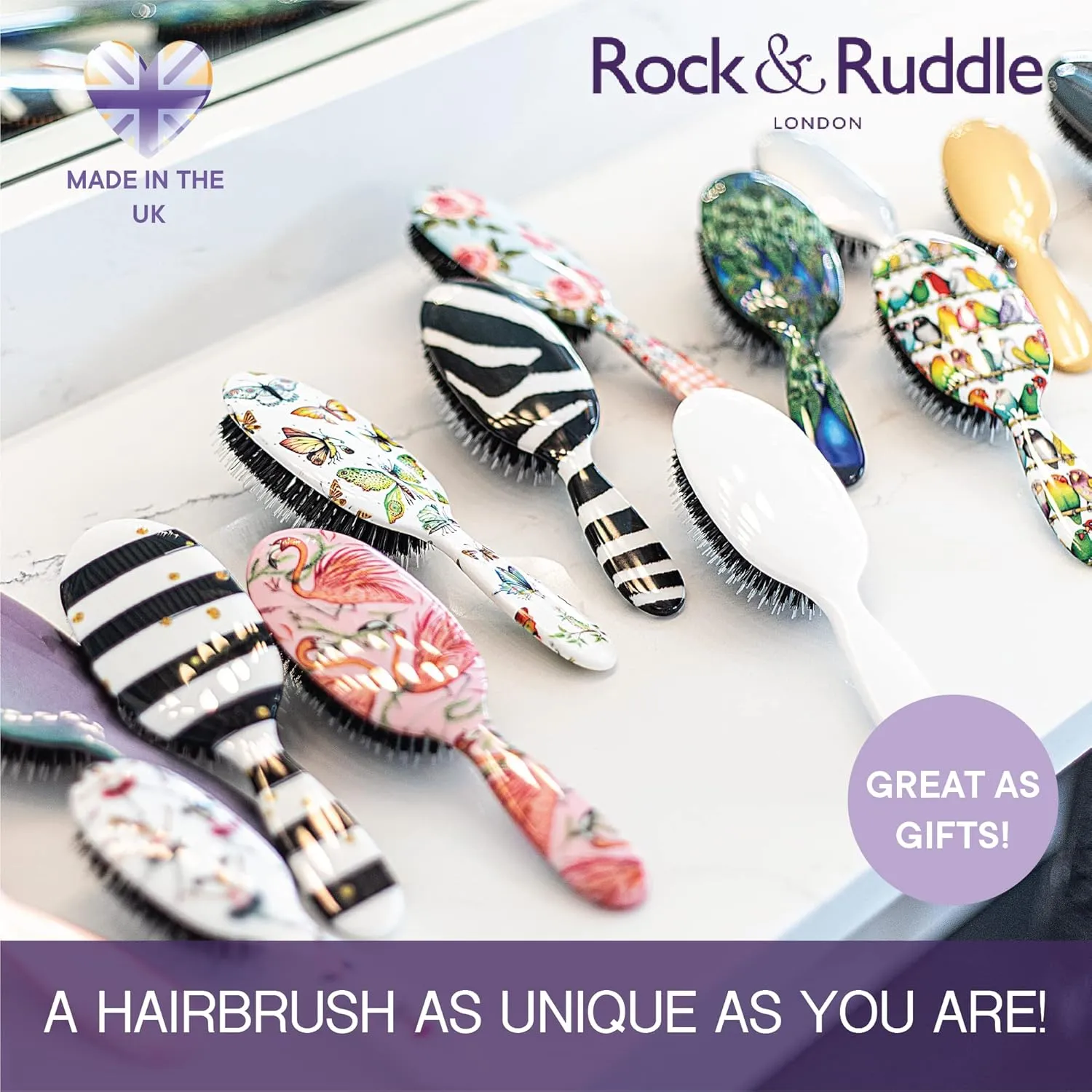 Rock & Ruddle Natural Mixed Boar Bristle Hair Brush for Women and Kids (Large, 21cm) - Perfect for Wet or Dry Hair, Detangling Smoothing Blowdrying - Designed & Made in UK - Rose Gold Design