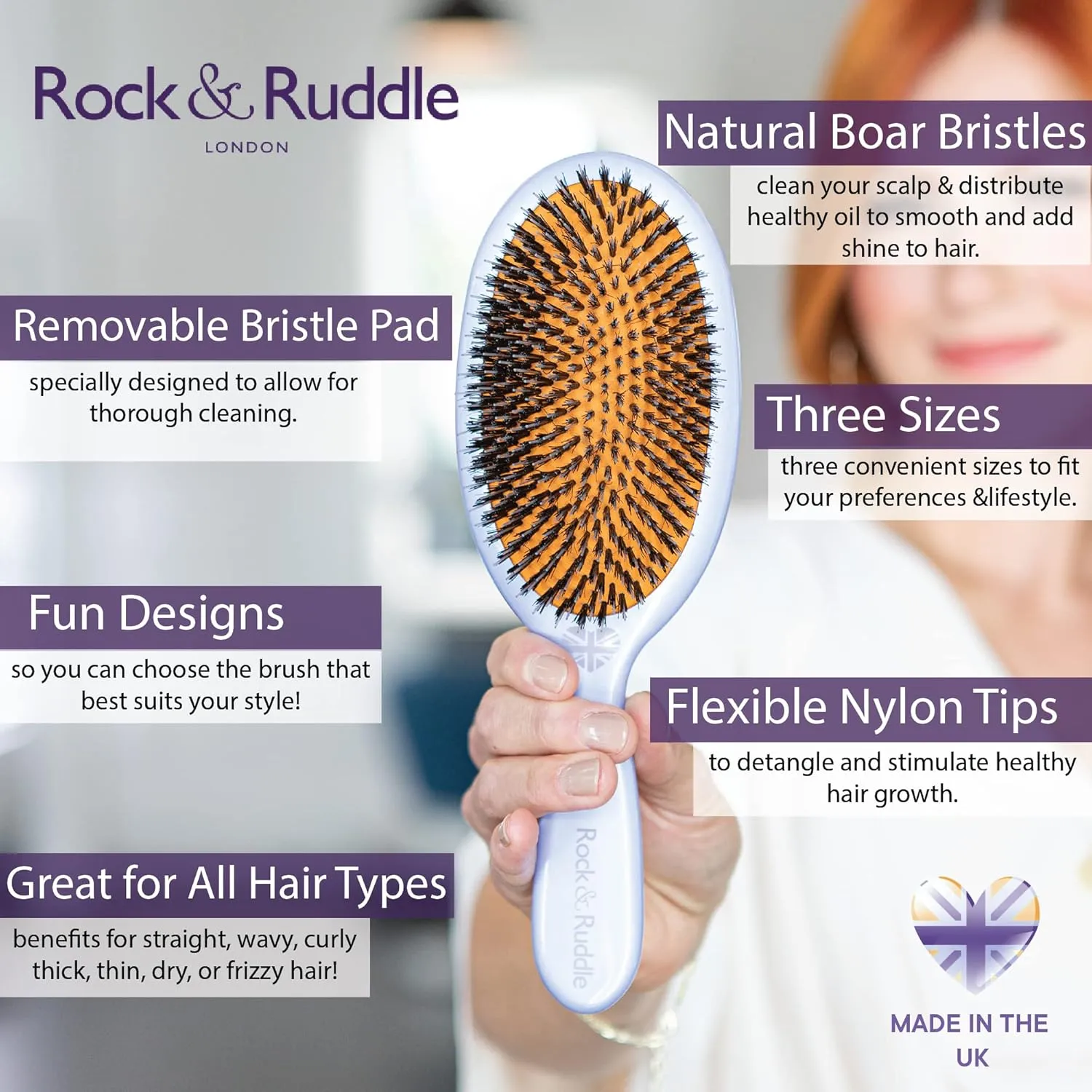 Rock & Ruddle Natural Mixed Boar Bristle Hair Brush for Women and Kids (Large, 21cm) - Perfect for Wet or Dry Hair, Detangling Smoothing Blowdrying - Designed & Made in UK - Rose Gold Design