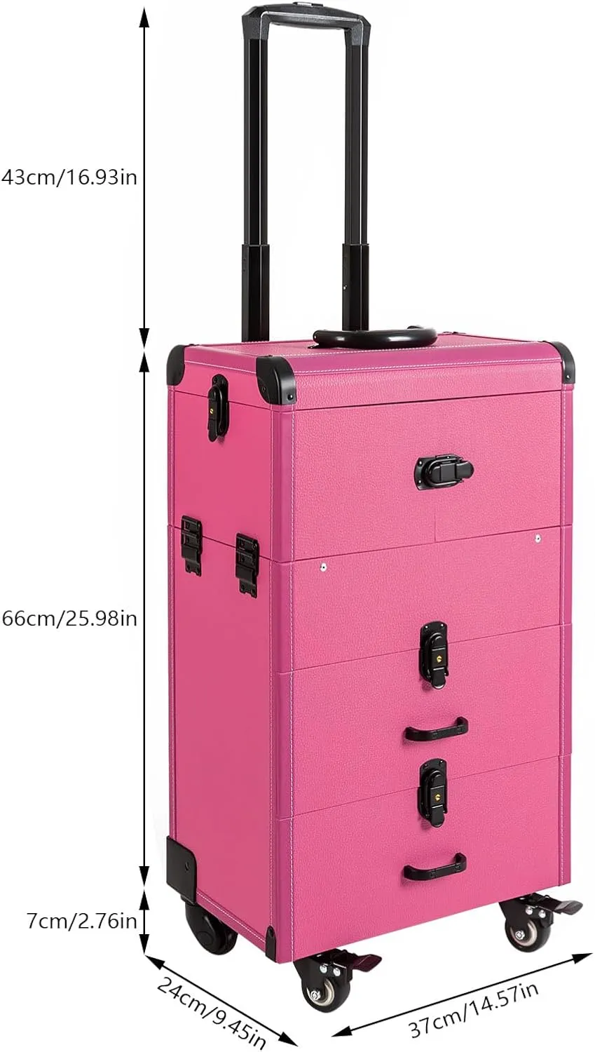 Rolling Makeup Case Makeup Train Case with Wheels Cosmetic Storage Cases Lockable Travel Case Make up Cosmetic Organizer Rose Color for Makeup Artists Hairdressers Beauticians Manicurists
