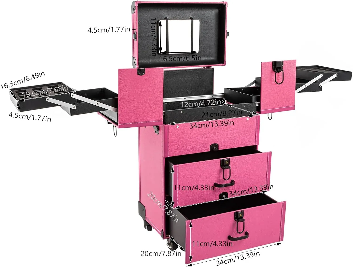Rolling Makeup Case Makeup Train Case with Wheels Cosmetic Storage Cases Lockable Travel Case Make up Cosmetic Organizer Rose Color for Makeup Artists Hairdressers Beauticians Manicurists