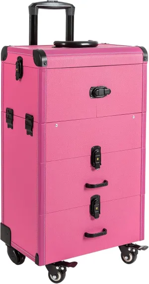 Rolling Makeup Case Makeup Train Case with Wheels Cosmetic Storage Cases Lockable Travel Case Make up Cosmetic Organizer Rose Color for Makeup Artists Hairdressers Beauticians Manicurists