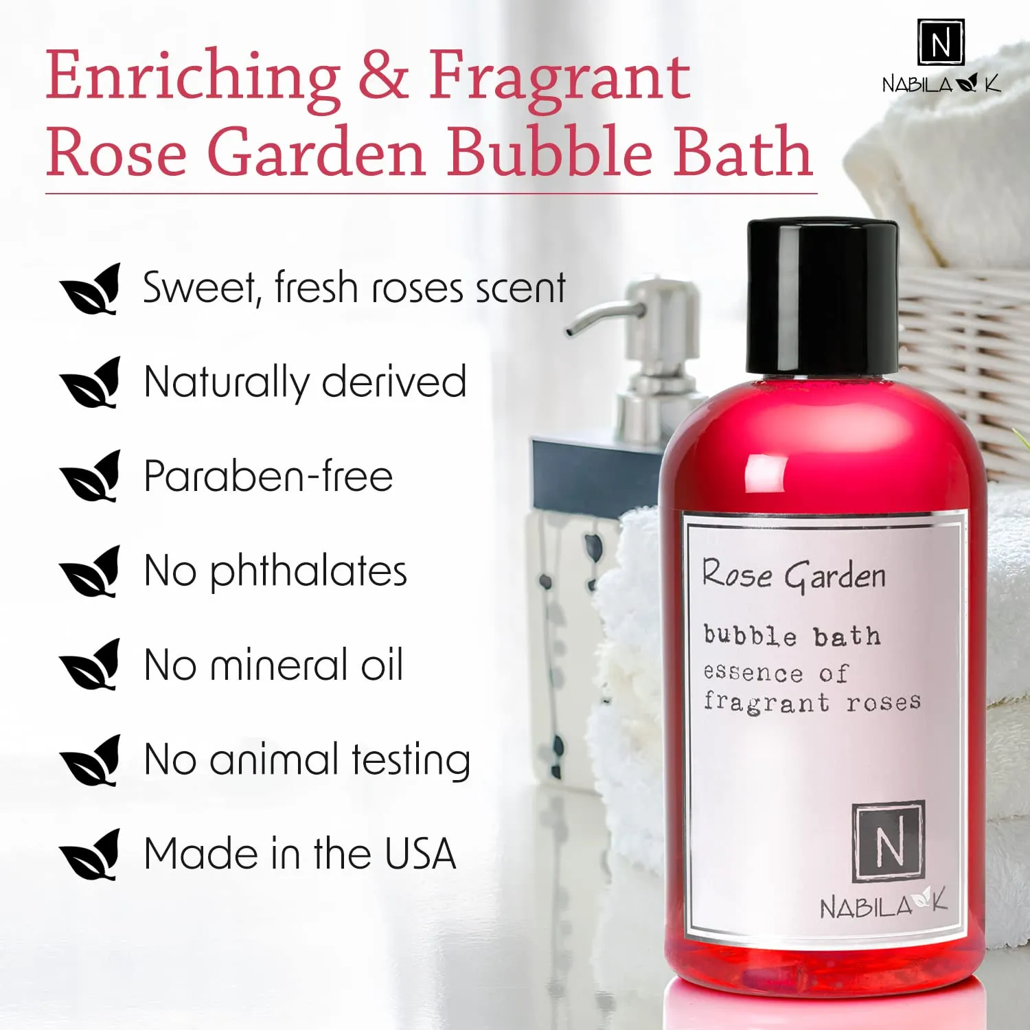 Rose Garden Travel Size Bubble Bath by Nabila K - Essential Oils with Natural Ingredients for Sensitive Skin, Tear-Free, Gentle, Moisturizing - Luxury for Women & Men, 2 oz