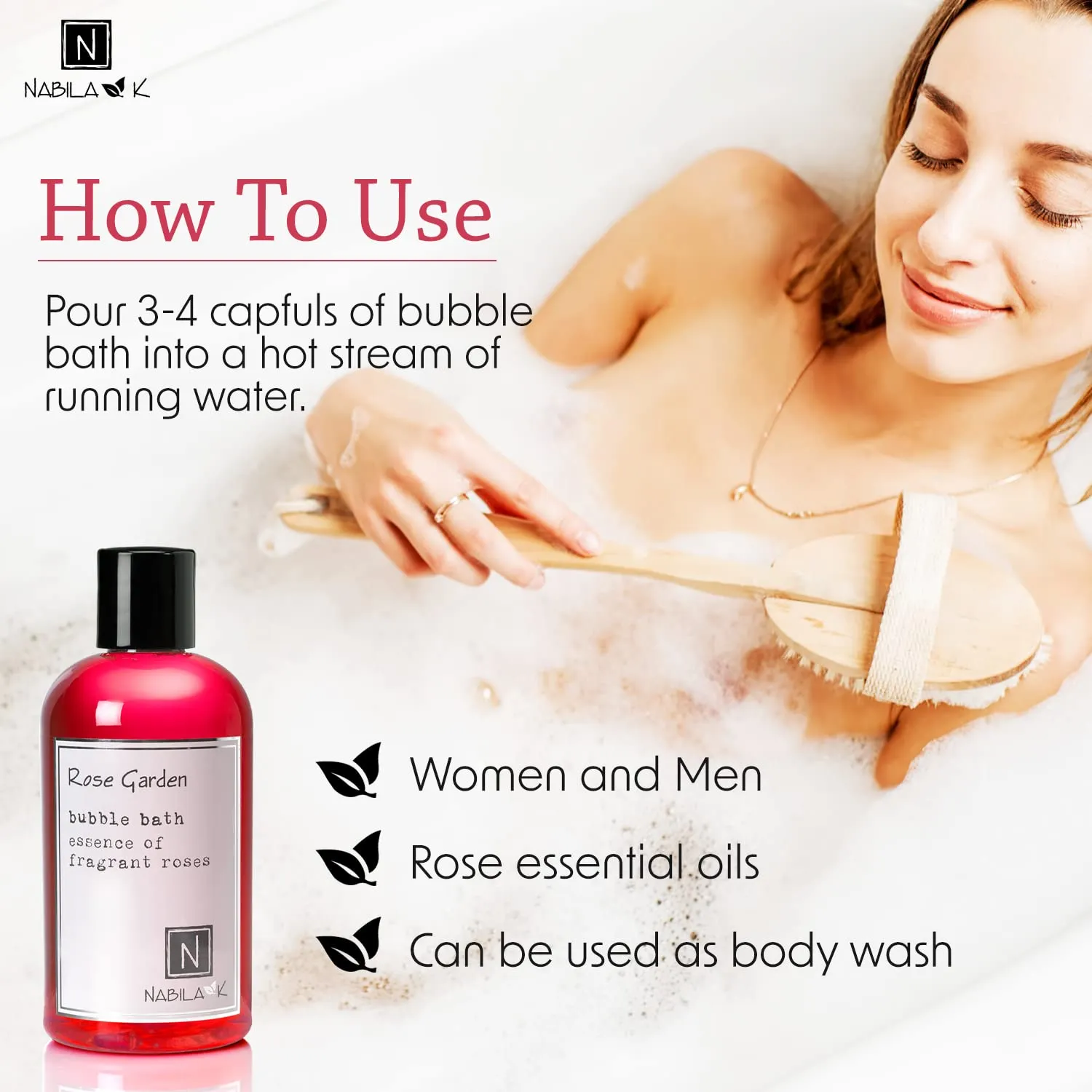Rose Garden Travel Size Bubble Bath by Nabila K - Essential Oils with Natural Ingredients for Sensitive Skin, Tear-Free, Gentle, Moisturizing - Luxury for Women & Men, 2 oz
