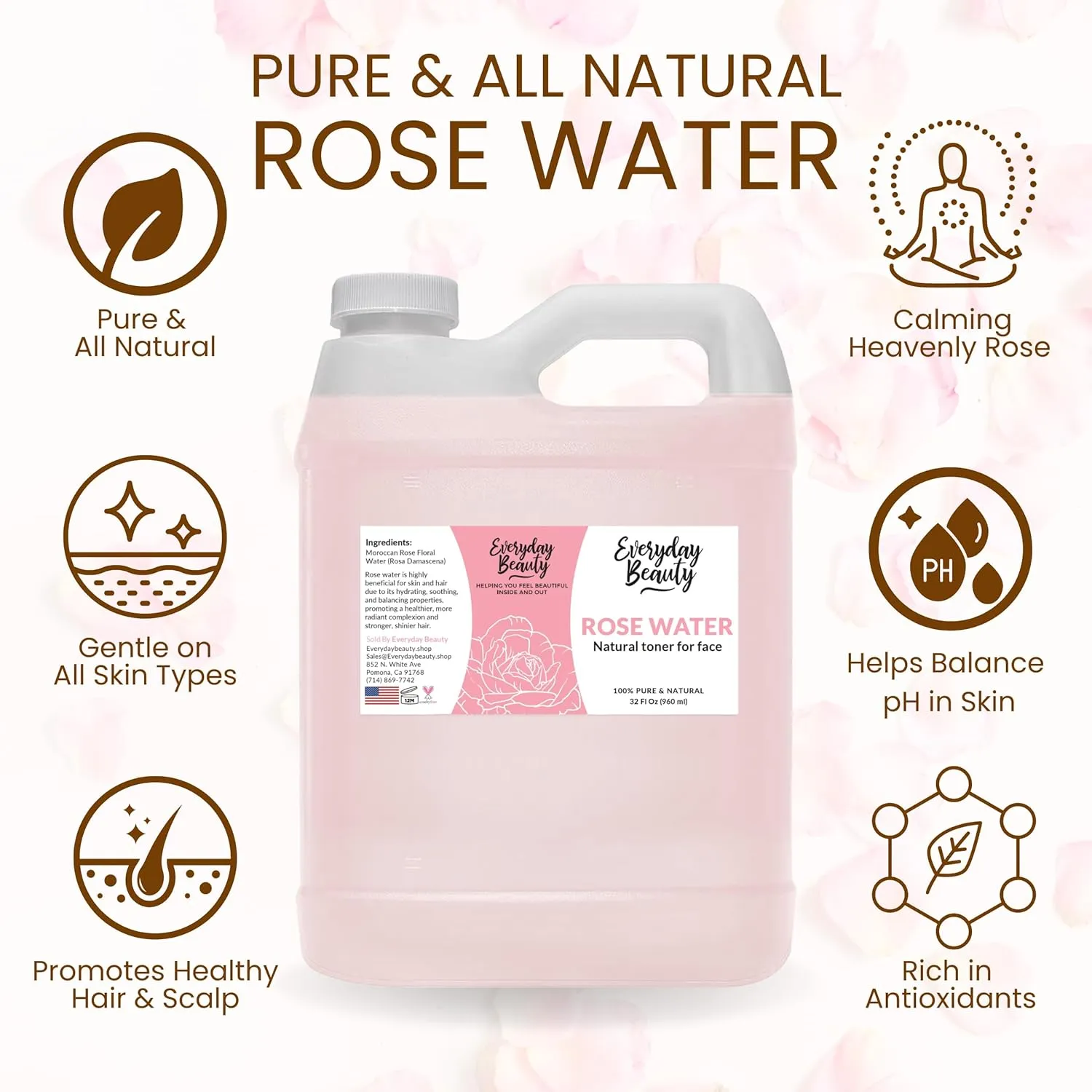 Rose Water Facial Toner - 32oz Bulk Alcohol-Free Vegan All Natural Refreshing for Face and Hair - Uplifts, Calming & Soothing for All Skin Types