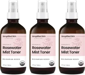Rose Water Spray for Face & Hair - 100% Natural Organic Face Toner - Alcohol-Free Makeup Remover - Anti-Aging Self Care Beauty Mist - Face Care - Hydrating Rosewater by Simplified Skin (4 oz) - 3 Pack