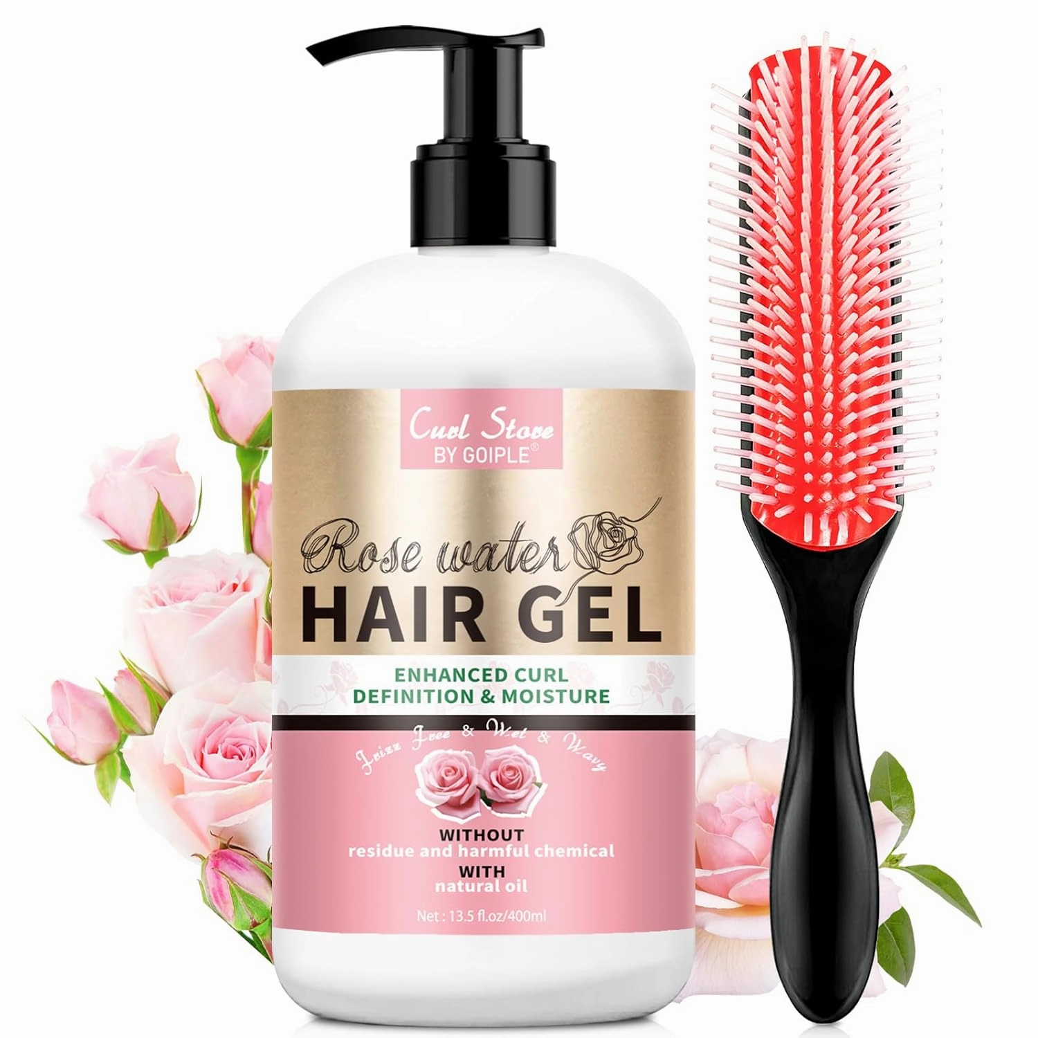 Rose Infused Curl Defining Cream & 9 Row Styling Brush Duo – Curly Hair Gel with Hydrating Rose Water, Anti Frizz Formula for Curly, Wavy & Kinky Hair – Gel for Curly Hair for Women 13.5 Fl.Oz