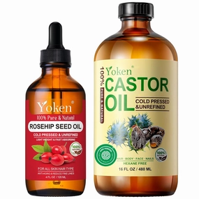 Rosehip Seed Oil 4 fl oz and Castor Oil 16 fl oz Set: Both in Glass Bottle, Cold Pressed, Virgin, Organic Oil for Face, Hair, Body, Scar - Best Hydrating & Anti-Aging Facial Oils Hair Oils