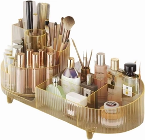Rotating makeup storage box, large capacity makeup display box, can easily hold all makeup products, 2-in-1 bathroom makeup box. For: lipstick; Eyeliner; Cosmetics. (Amber gold)