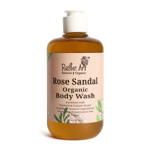 Rustic Art Rose Sandal Body Wash | Organic Castile Soap | Hydrating, Nourishing & Gently Exfoliating | Sulphate & Paraben-Free | For Women & Men | Tan Removal & Skin Brightening | 300ml