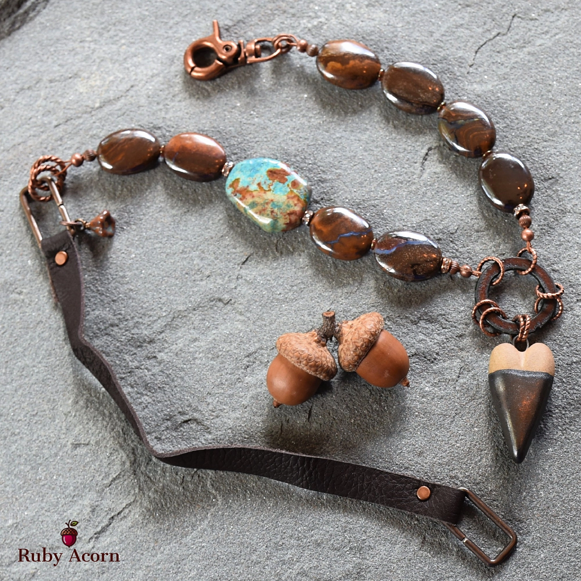 Rustic Heart Handmade Beaded Necklace with Artisan Ceramic Focal, Rainbow Calsilica, Boulder Opal