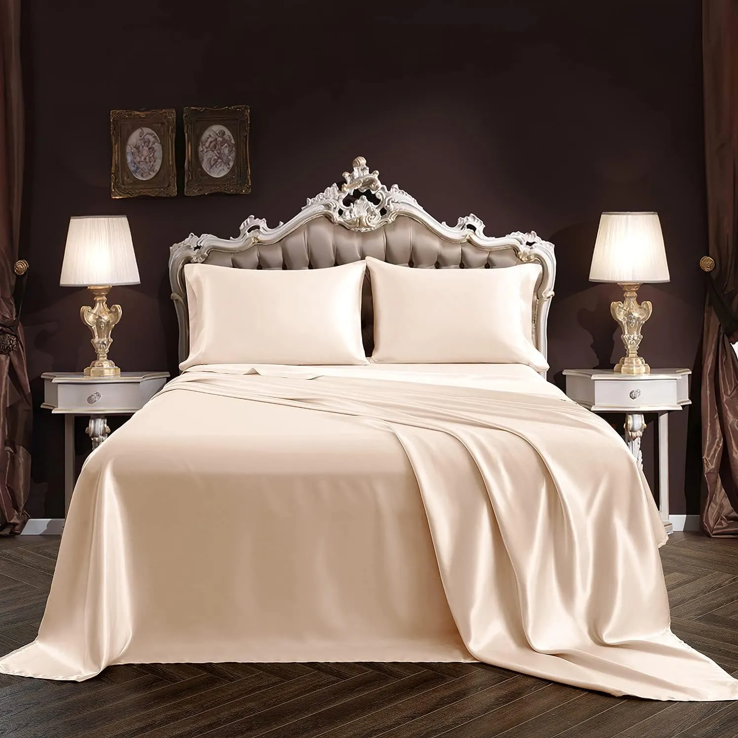 SiinvdaBZX 4Pcs Satin Sheet Set Queen Size Ultra Silky Soft Blush Satin Queen Bed Sheets with Deep Pocket, 1 Fitted Sheet, 1 Flat Sheet, 2 Envelope Closure Pillowcases