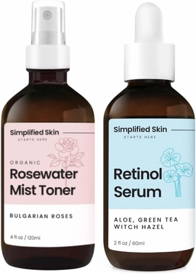 Simplified Skin Rose Water for Face & Hair 4 Oz   Retinol Serum 2.5% for Face with Vitamin E, Hyaluronic Acid & Green Tea 2 Oz