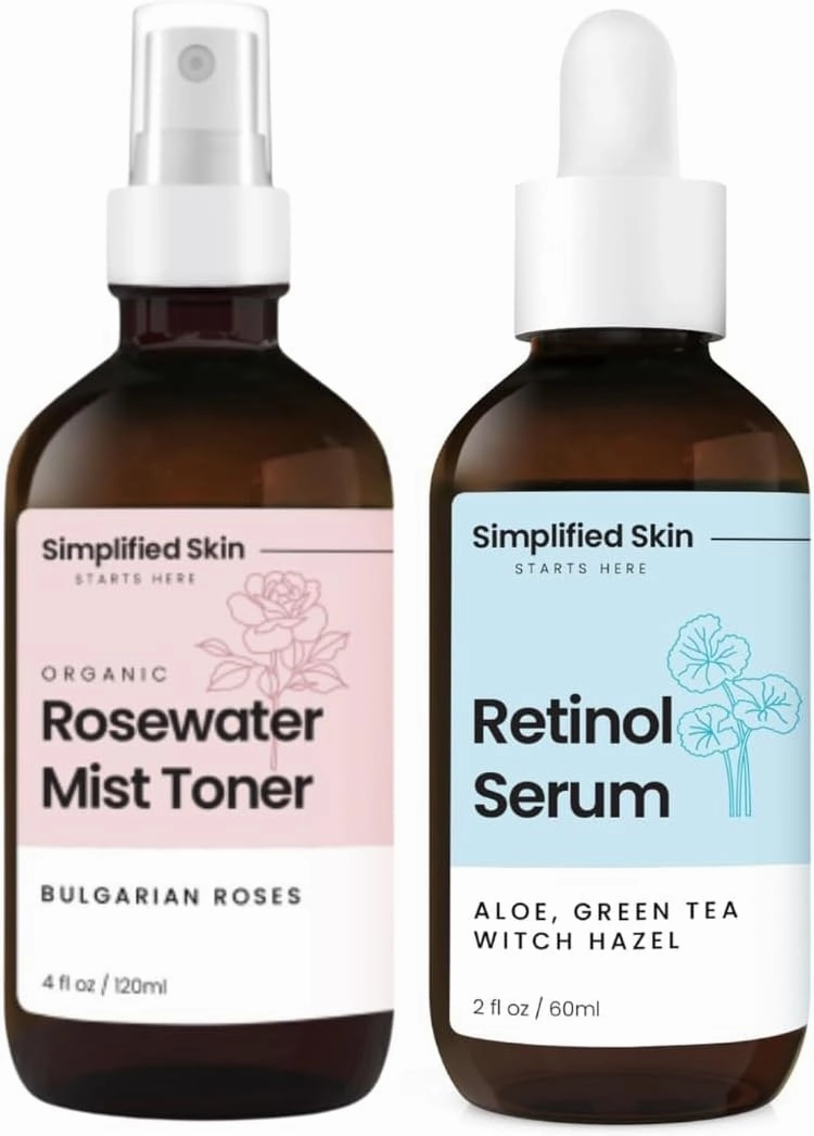 Simplified Skin Rose Water for Face & Hair 4 Oz   Retinol Serum 2.5% for Face with Vitamin E, Hyaluronic Acid & Green Tea 2 Oz
