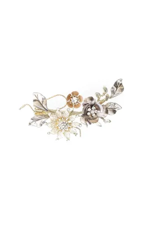Small Rose Gold Crystal Bridal Hair Clip By Veiled Beauty | Boho Gilded Gold Leaf Crystal Wedding Hair Comb with Blush and Pewter Floral Accents