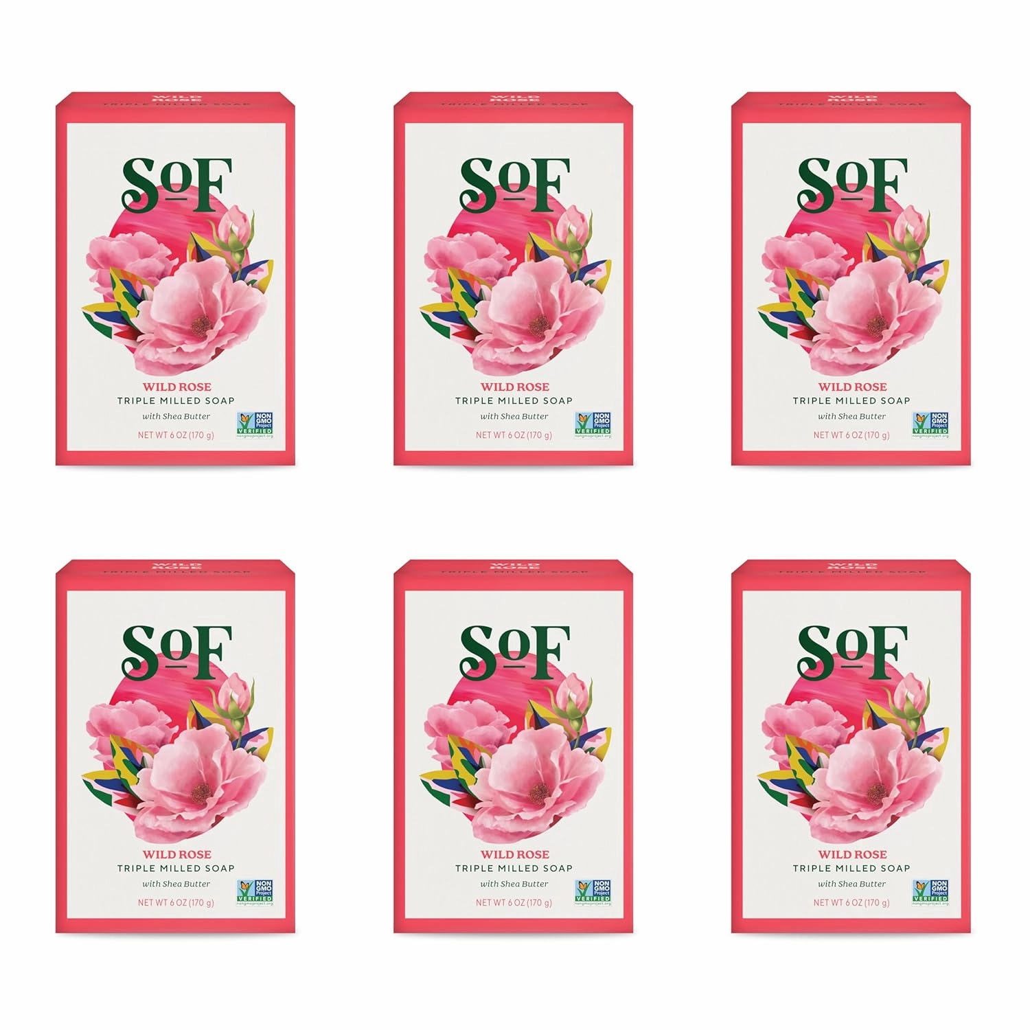SoF Triple Milled Bar Soap - With Coconut Oil & Organic Shea Butter- Vegan & Non GMO- Free From Phthalates, Sulfates & Parabens- Wild Rose - 6 oz Bar 6 Bars