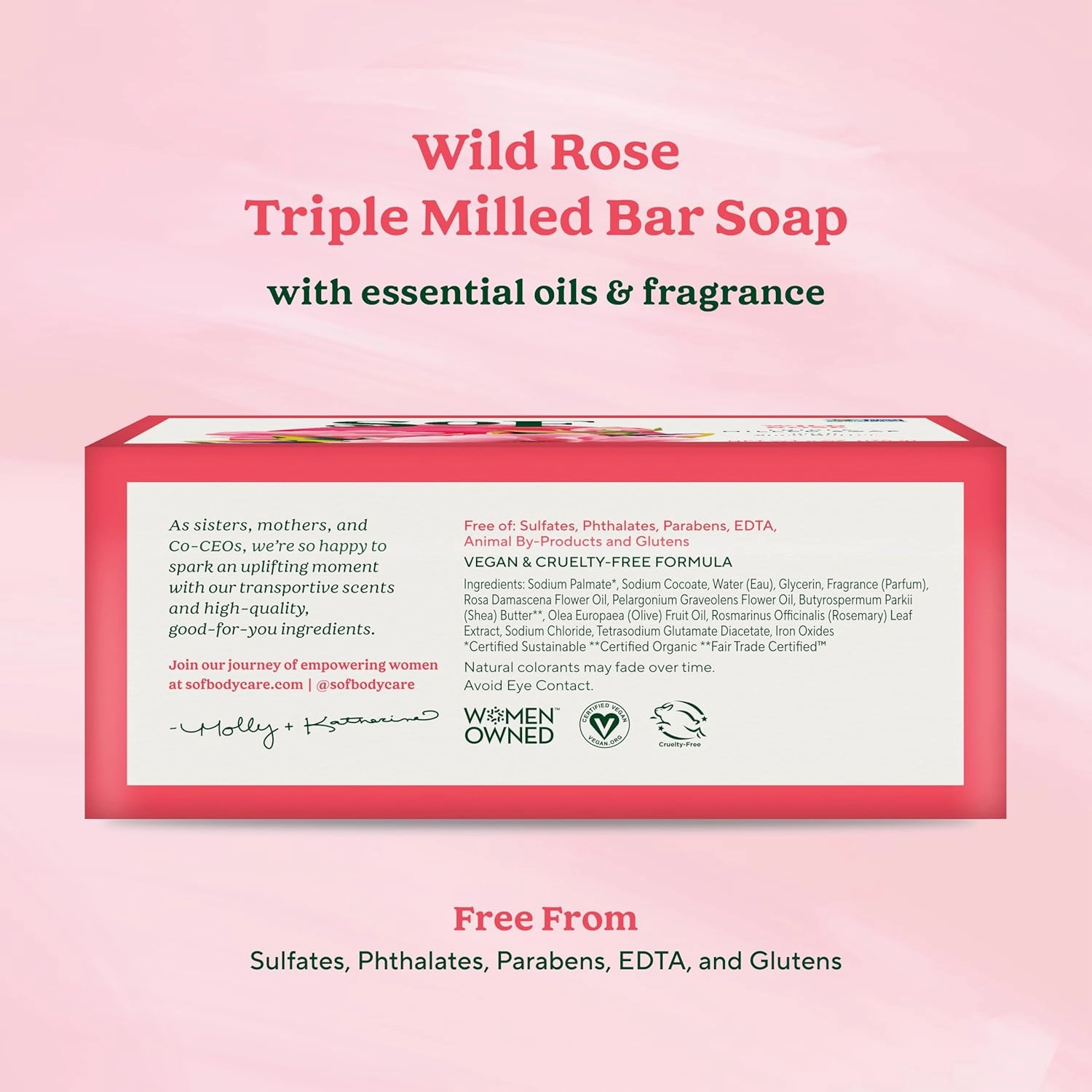 SoF Triple Milled Bar Soap - With Coconut Oil & Organic Shea Butter- Vegan & Non GMO- Free From Phthalates, Sulfates & Parabens- Wild Rose - 6 oz Bar 6 Bars