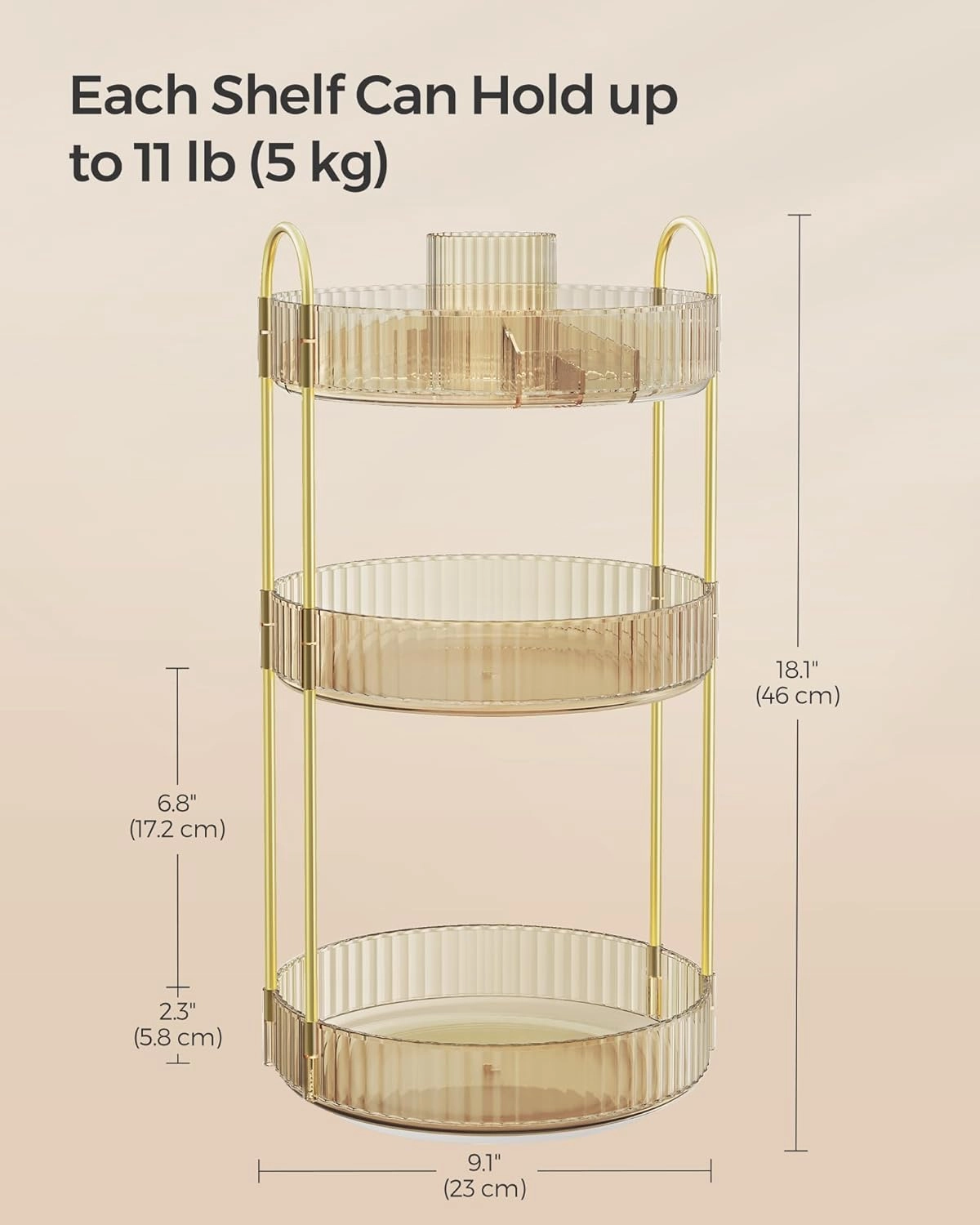 SONGMICS Makeup Organizer, 3-Tier Round Rotating Skincare Organizer Countertop, Customizable, Toiletries Vanity Organizer, Lazy Susan, Gift, Champagne Gold UJKA011A01