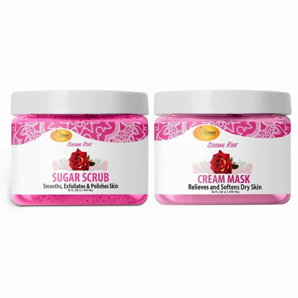 SPA REDI Body and Foot Cream Mask & Sugar Body Scrub, Sensual Rose, 16 Oz Each - Hydrating Pedicure Massage & Exfoliating Scrub for Smooth, Glowing Skin