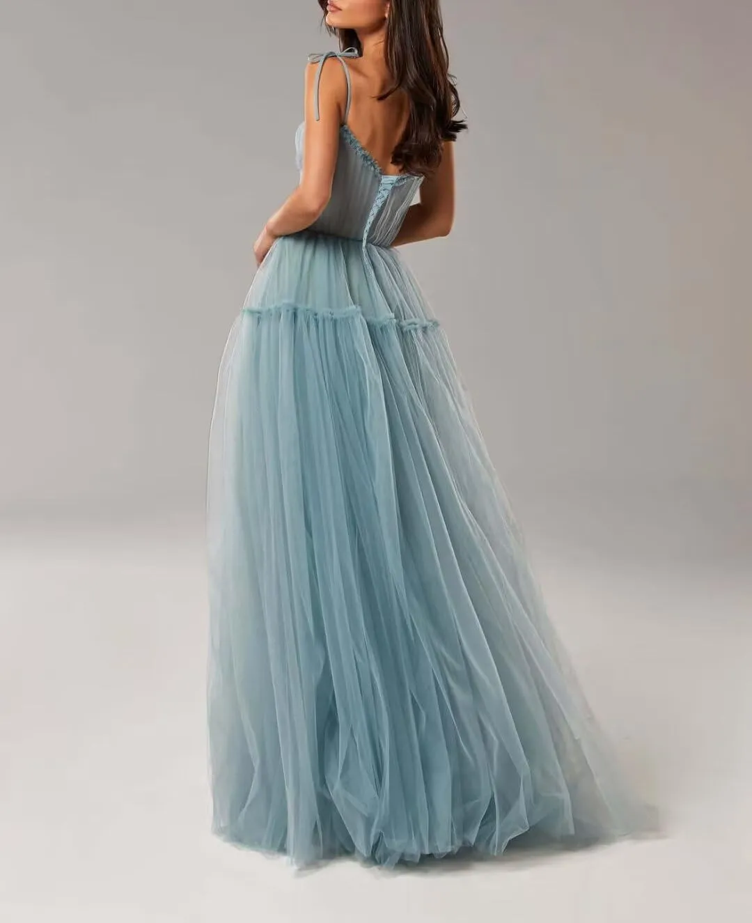 Spaghetti Straps Prom Dresses Tulle Long Formal Evening Party Gowns for Women Backless Bridesmaid Dress A-Line