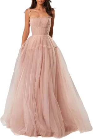 Spaghetti Straps Prom Dresses Tulle Long Formal Evening Party Gowns for Women Backless Bridesmaid Dress A-Line