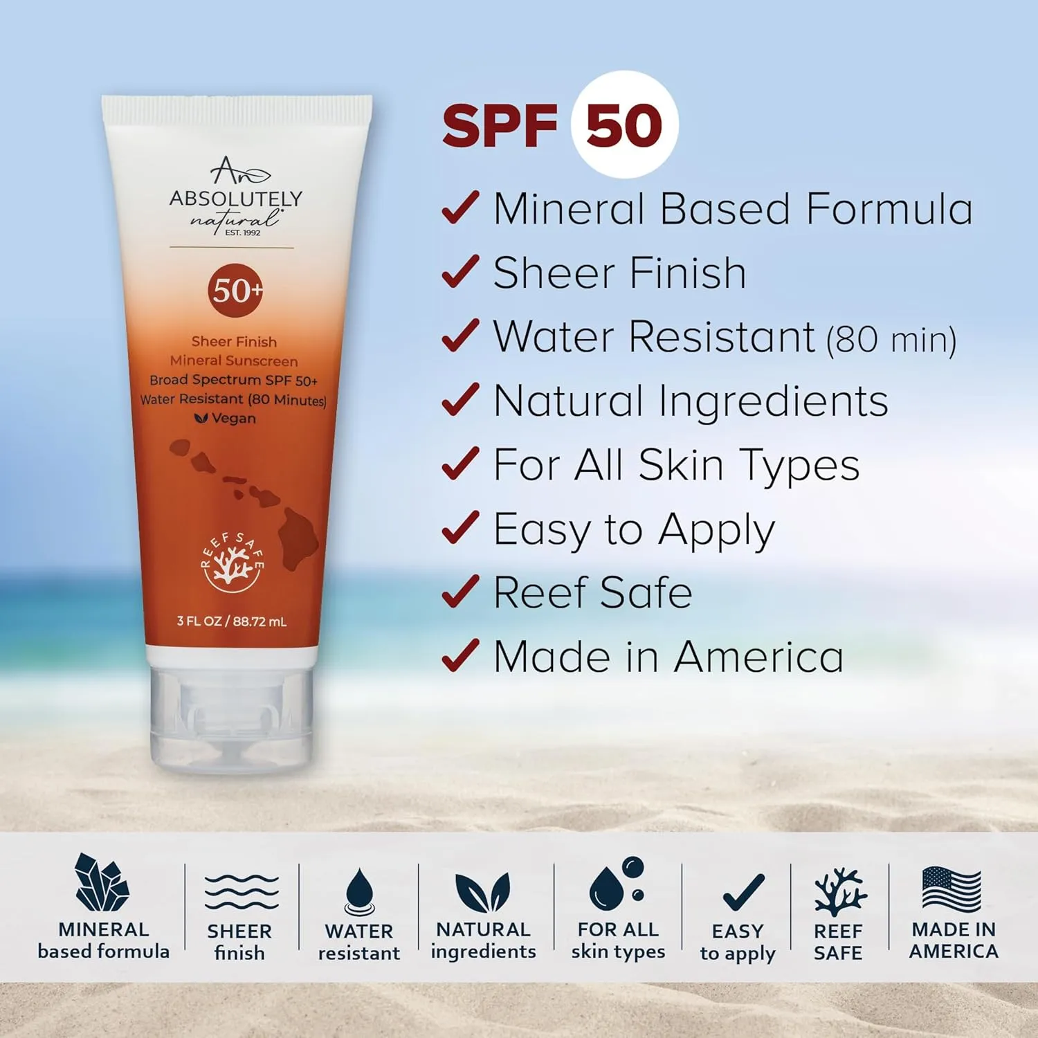 SPF 50  Mineral Sunscreen Lotion - Anti-Aging Sunblock for Body & Face, Made with Rose Hips, Aloe, Zinc Oxide and Other Cruelty Free and Reef Safe Ingredients - Made in USA