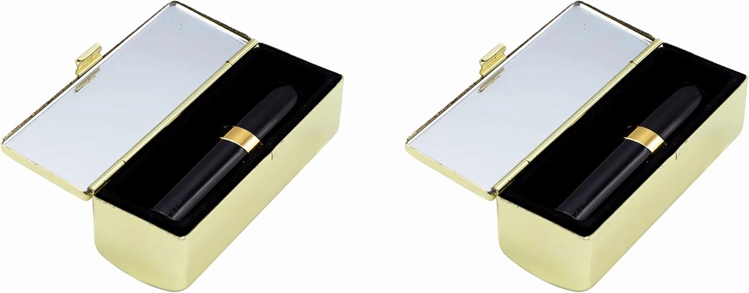 Stephanie Imports Set of 2 Rectangular Vintage Lipstick Cases With Glass Mirror (Gold Checker)