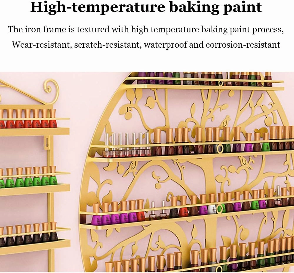 Storage Rack. Wall-Mounted 5-Layer Nail Polish Holder Essential Oil, Tree Silhouette Round Metal Salon Wall Hanging Art Display Stand,Lipstick Perfume Cosmetic, for Nail Salons/Retail Sho/Bla (Gold