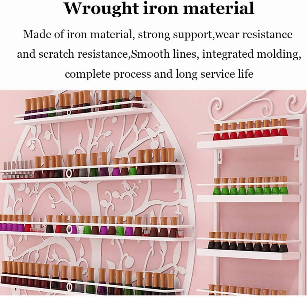 Storage Rack. Wall-Mounted 5-Layer Nail Polish Holder Essential Oil, Tree Silhouette Round Metal Salon Wall Hanging Art Display Stand,Lipstick Perfume Cosmetic, for Nail Salons/Retail Sho/Bla (Gold