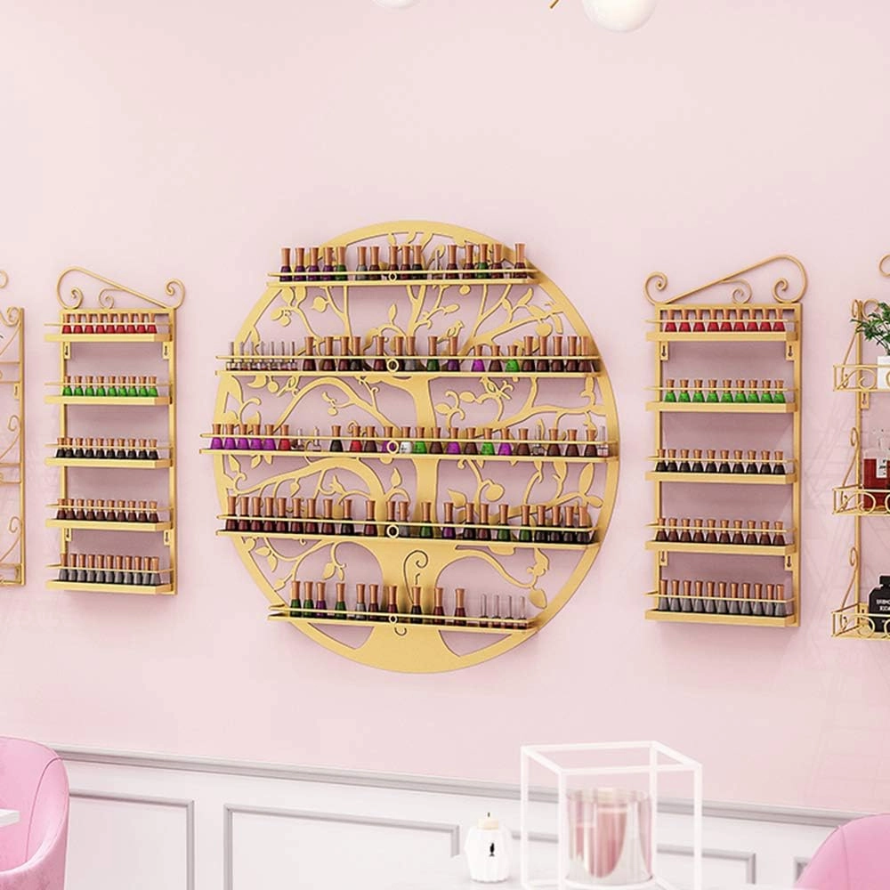 Storage Rack. Wall-Mounted 5-Layer Nail Polish Holder Essential Oil, Tree Silhouette Round Metal Salon Wall Hanging Art Display Stand,Lipstick Perfume Cosmetic, for Nail Salons/Retail Sho/Bla (Gold