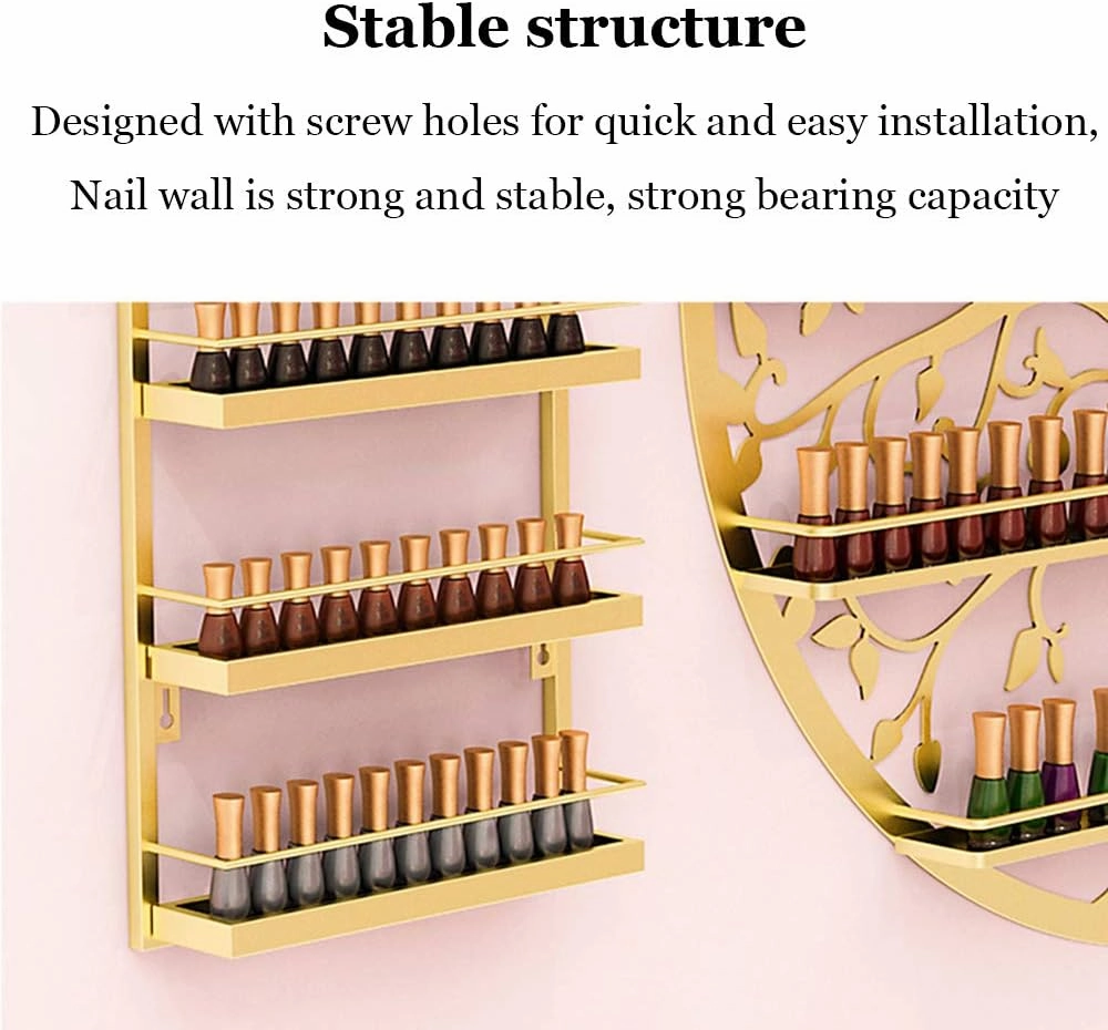 Storage Rack. Wall-Mounted 5-Layer Nail Polish Holder Essential Oil, Tree Silhouette Round Metal Salon Wall Hanging Art Display Stand,Lipstick Perfume Cosmetic, for Nail Salons/Retail Sho/Bla (Gold