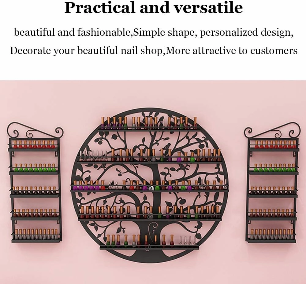 Storage Rack. Wall-Mounted 5-Layer Nail Polish Holder Essential Oil, Tree Silhouette Round Metal Salon Wall Hanging Art Display Stand,Lipstick Perfume Cosmetic, for Nail Salons/Retail Sho/Bla (Gold