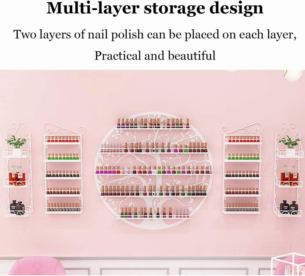 Storage Rack. Wall-Mounted 5-Layer Nail Polish Holder Essential Oil, Tree Silhouette Round Metal Salon Wall Hanging Art Display Stand,Lipstick Perfume Cosmetic, for Nail Salons/Retail Sho/Bla (Gold
