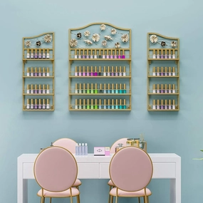 Storage Rack. Wall-Mounted Essential Oil and Nail Polish, 4-Layer Salon Metal Nail Polish Display Stand, Makeup/Perfume/Essential Oil/Lipstick Storage Organizer, for Home Business Nail Shop/G (Gold