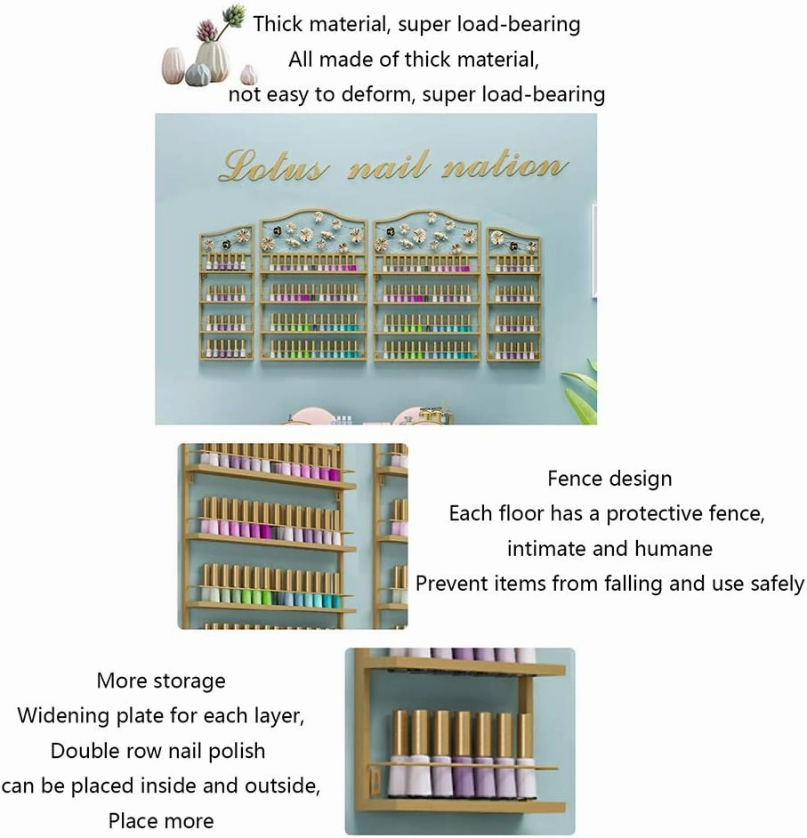Storage Rack. Wall-Mounted Essential Oil and Nail Polish, 4-Layer Salon Metal Nail Polish Display Stand, Makeup/Perfume/Essential Oil/Lipstick Storage Organizer, for Home Business Nail Shop/G (Gold